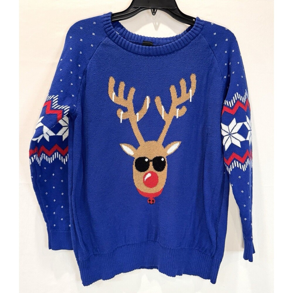 Ugly Christmas Sweater Rudolph Reindeer Women's Size XL Blue Holiday Festive